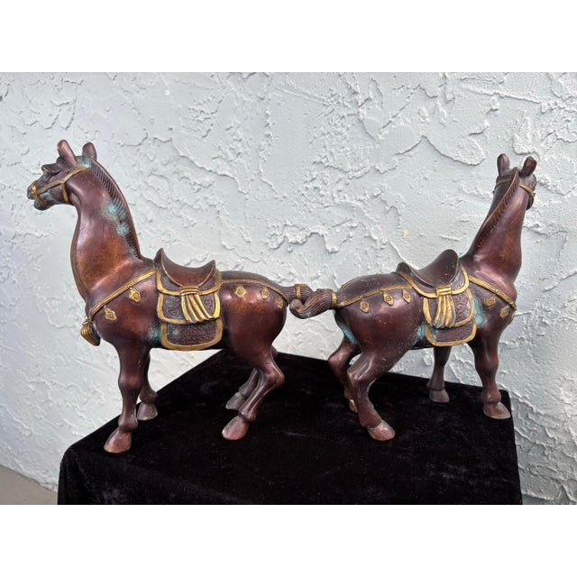 Mid-Century Modern Vintage Pair of Patinated Bronze Horse Sculptures With Gilt Accents For Sale - Image 3 of 12