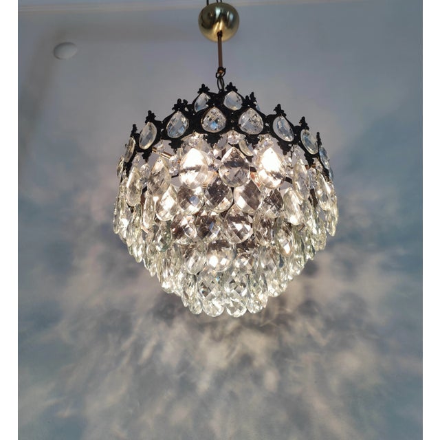 Glass Antique Brass Crystal Basket Chandelier For Sale - Image 7 of 11