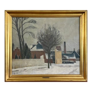 Ole Søndergaard - Modernist Winter City Landscape, Signed (1940, Oil on Canvas) For Sale