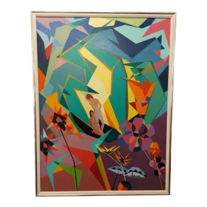 1960s Florida Artist Joseph O. Brun Large Oil Painting " Gardon of Eden ", Framed