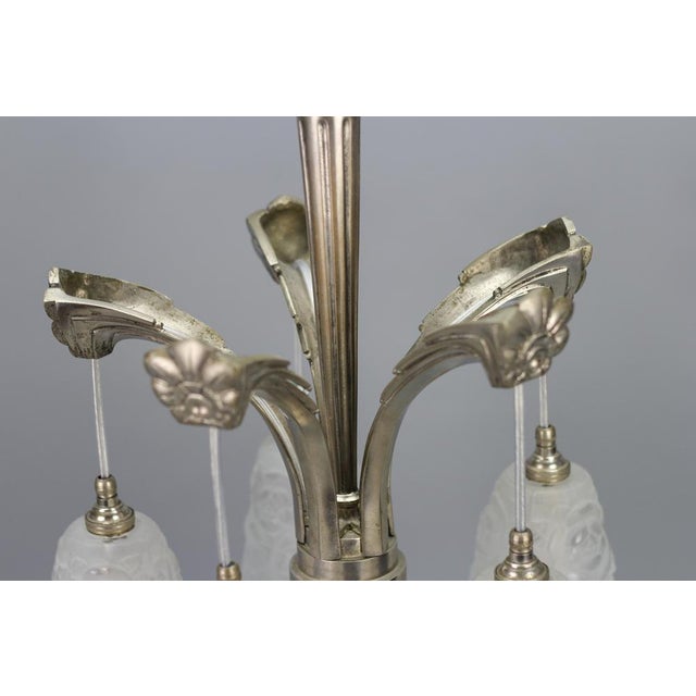 Gray Art Deco French Brass Five-Light Chandelier with White Glass by Degué, 1930s For Sale - Image 8 of 18