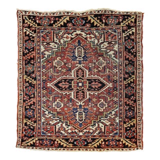 Vintage Heriz Serapi Area Rug, Handwoven Geometric Pattern, Brick Red & Ivory, 4’ X 4’ For Sale