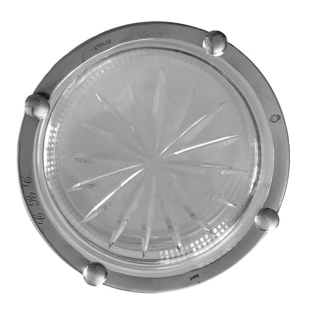Vintage Sterling Silver Footed Reticulated Bottle Coaster Pressed Glass Insert With Starburst Pattern For Sale In New York - Image 6 of 6