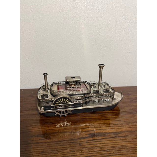 Vintage Natchez Mississippi Riverboat Musical Drink Caddy With Decanter & 6 Shot Glasses For Sale - Image 9 of 12