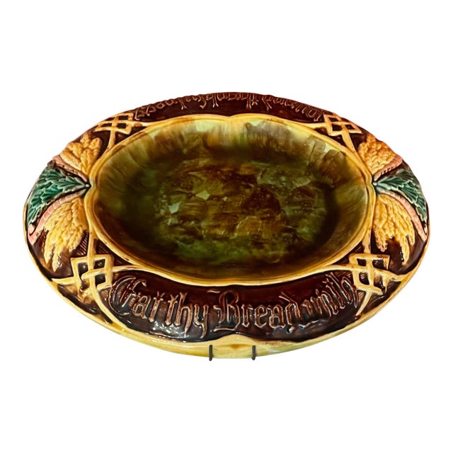 Antique 19th Century English Majolica Bread Tray - Joy & Thankfulness For Sale