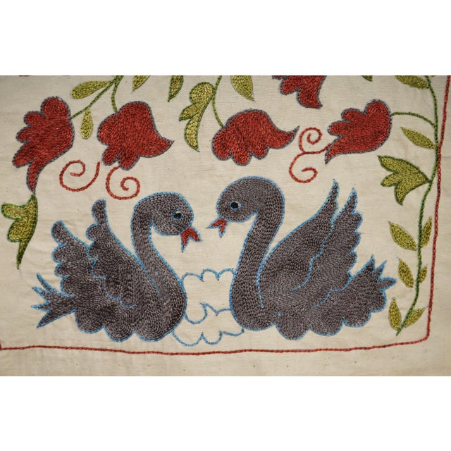 Blue & Red Swan Embroidery | Vintage Bird Motif Table Decor 1'7'' X 2'9'' For Sale In New York - Image 6 of 9