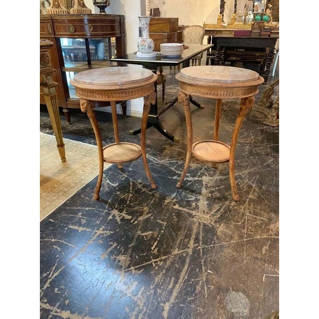 Gorgeous 19th century Italian carved pine neoclassical tables. Interesting ram's head carvings on the legs and beautiful...