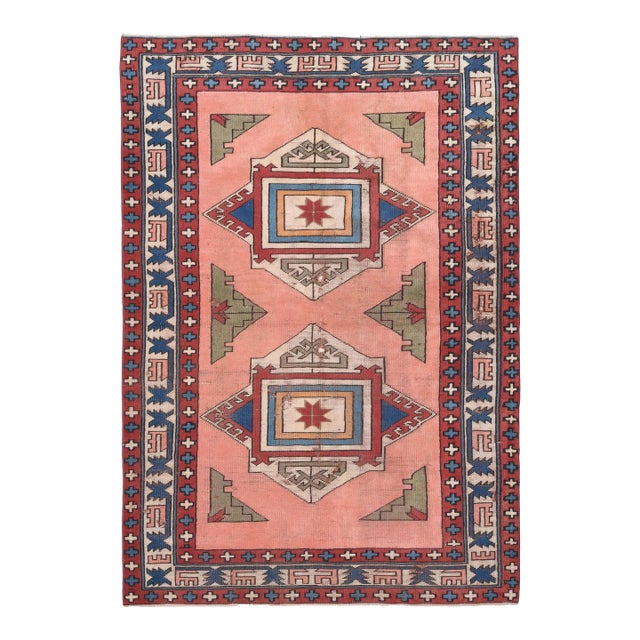 1970s Vintage Handmade Wool Cotton Pink Area Rug For Sale