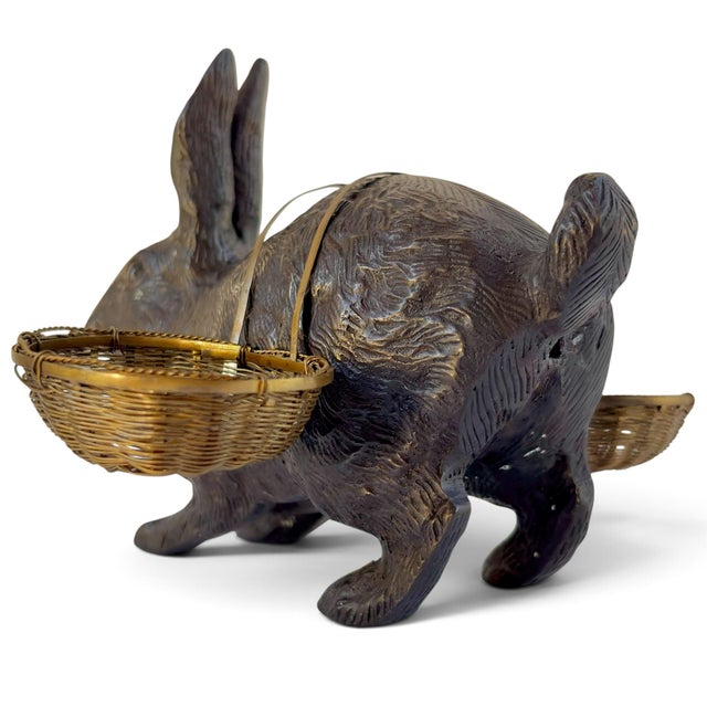 Mid 20th Century Bronze Bunny Rabbit Sculpture With Woven Brass Baskets Edwardian-Style For Sale In Austin - Image 6 of 18