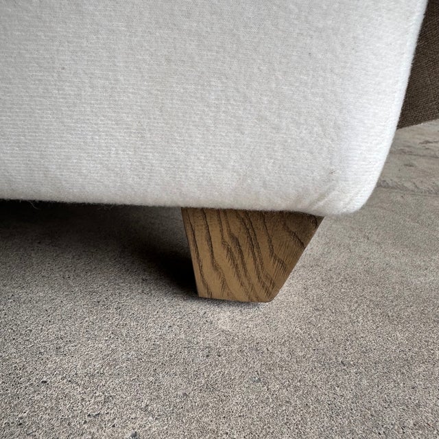 Wood Greige Linen Slipcovered Bench With Pleated Skirt Details and White Oak Legs For Sale - Image 7 of 7