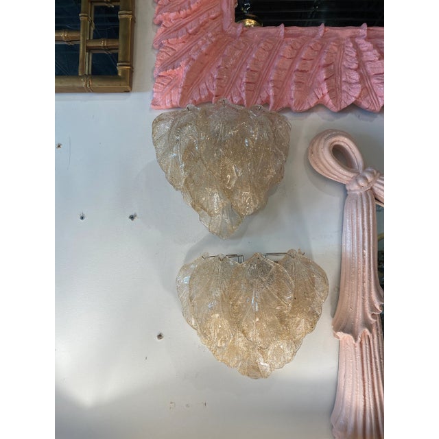 Vintage Murano Mazzega Glass Leaf Leaves Wall Gold Flakes Clear Wall Sconces -A Pair For Sale In West Palm - Image 6 of 10