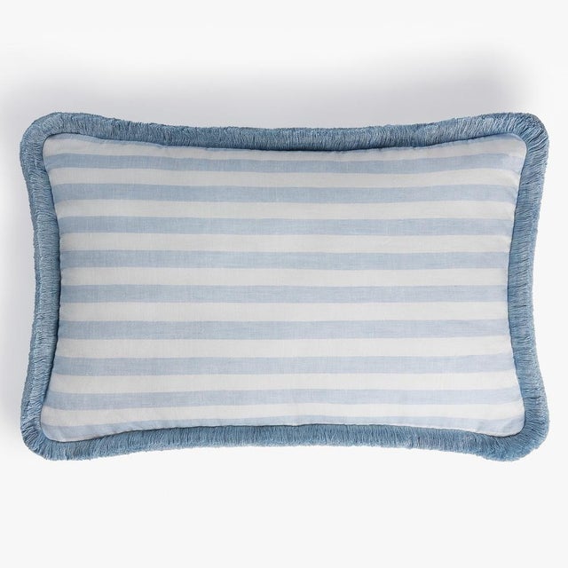 Textile White Light Blue with Light Blue Fringes Happy Linen Striped by LO DECOR for Lorenza Briola For Sale - Image 7 of 7