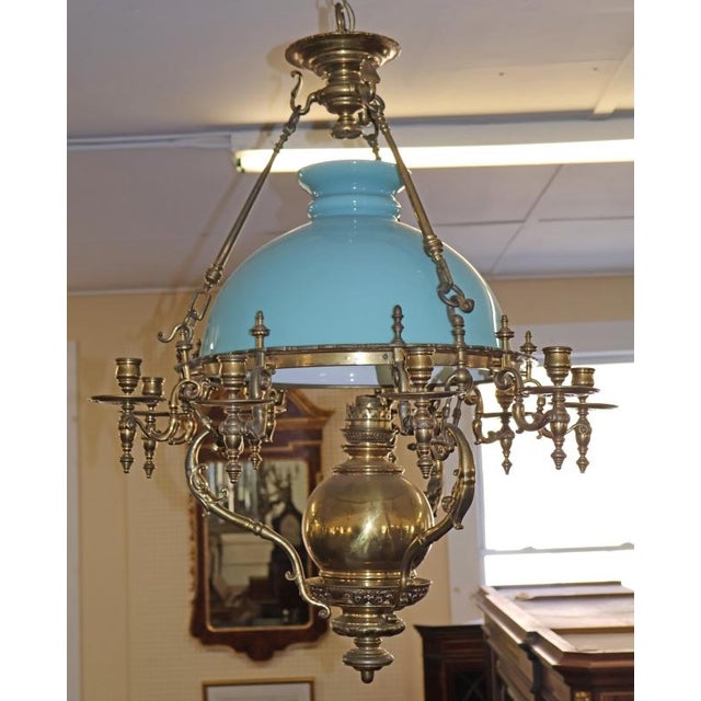Late 19th Century Brass Kerosene Oil Chandelier With Blue Shade For Sale In New York - Image 6 of 12