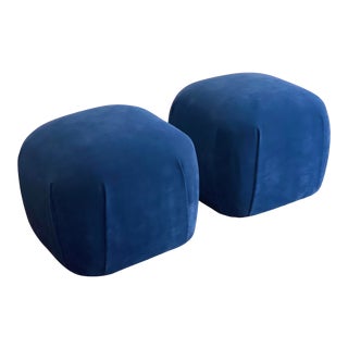 1980s Karl Springer Reupholstered Souffle Blue Ottomans – a Pair For Sale