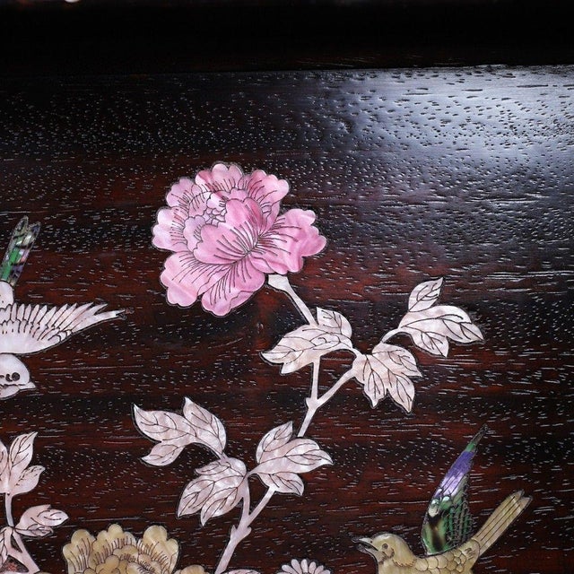 Brown Late 19th Century Square Wooden Tray With Mother-of-Pearl Bird and Peony Inlay For Sale - Image 8 of 9