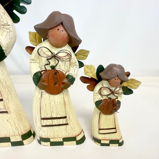 1980s Vintage Americana Fall Harvest Wood & Tole Angel Figurines - Set of 3, Thanksgiving. For Sale - Image 6 of 8