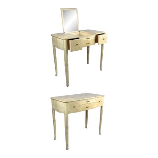 1930s Scandinavian Modern Parchment-Covered Wood Convertible Vanity Table/Poudreuse With Lift-Top Mirror by Nordiska Kompaniet, Sweden For Sale