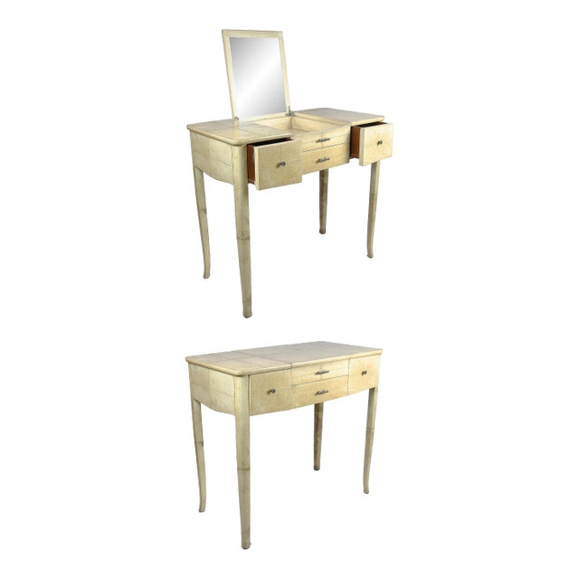 1930s Scandinavian Modern Parchment-Covered Wood Convertible Vanity Table/Poudreuse With Lift-Top Mirror by Nordiska Kompaniet, Sweden For Sale