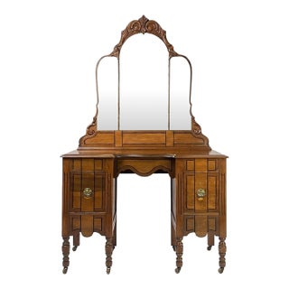 Antique Art Deco Vanity With Arched Triple Mirror For Sale