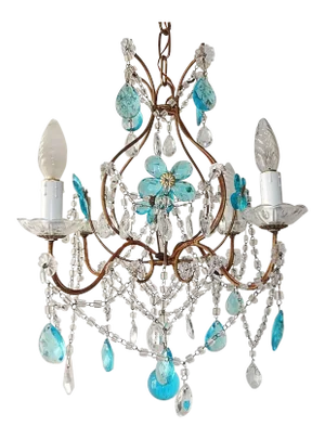 1920 French Bagues Style Aqua Flowers Crystal Chandelier