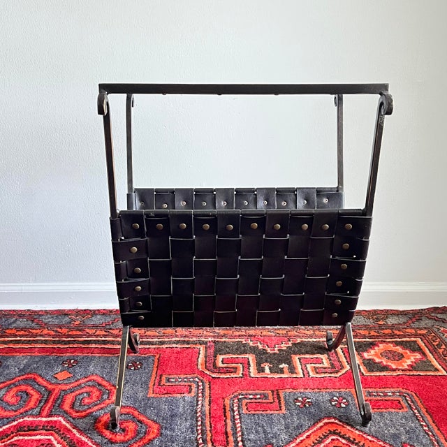 Metal 1980s Side Table /Magazine Rack Woven Faux Leather Glass Top For Sale - Image 7 of 9