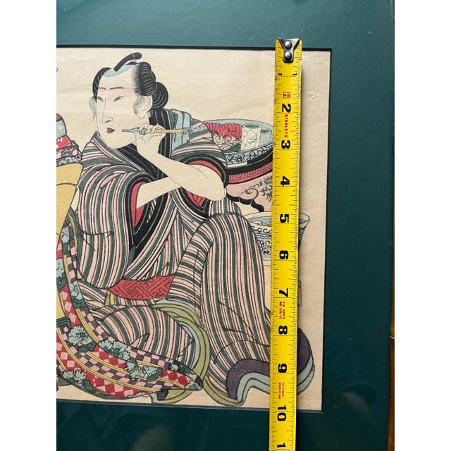 Dark Green 19th Century Japanese Pipe Smokers Woodblock Print After Eisen Keisai, Framed For Sale - Image 8 of 8