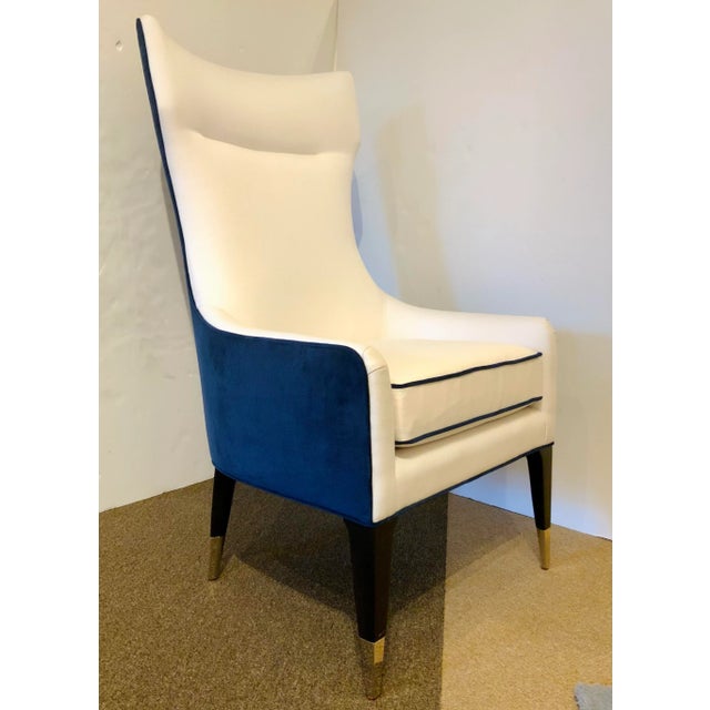 Original Retail $7400, stylish Caracole Couture Modern Navy Blue Velvet and White Linen Perfect Pair Dining Chairs Pair...