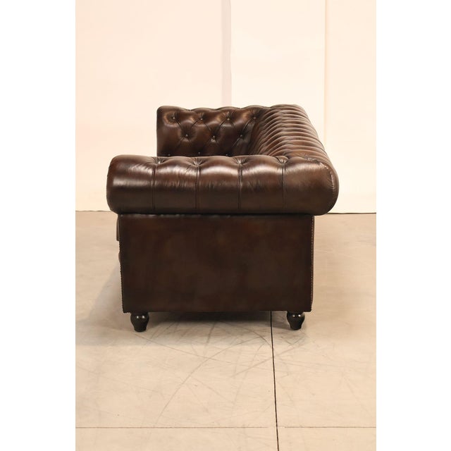 Chesterfield Style 7 Foot Espresso Brown Tufted Leather Sofa For Sale - Image 15 of 16