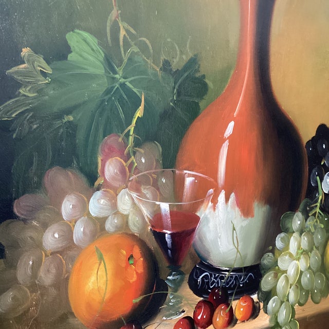 Wood Realistic Painting on Canvas Still Life Fruit and Pottery Composition by Frank Lean Framed Circa 1960s For Sale - Image 7 of 12