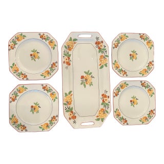1920s Myott Son & Co. Art Deco Yellow Floral Serving Tray & 4 Plates- 5 Pieces For Sale