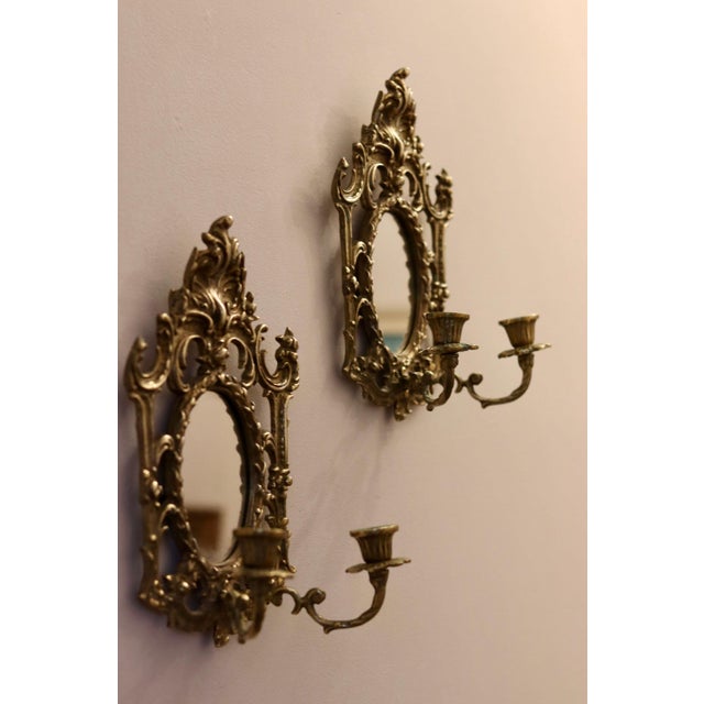 Antique Brass Sconces with Mirrors, Set of 2 For Sale - Image 5 of 10