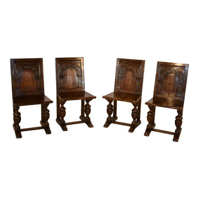 19th Century Set of 4 English Oak Parquetry Chairs For Sale