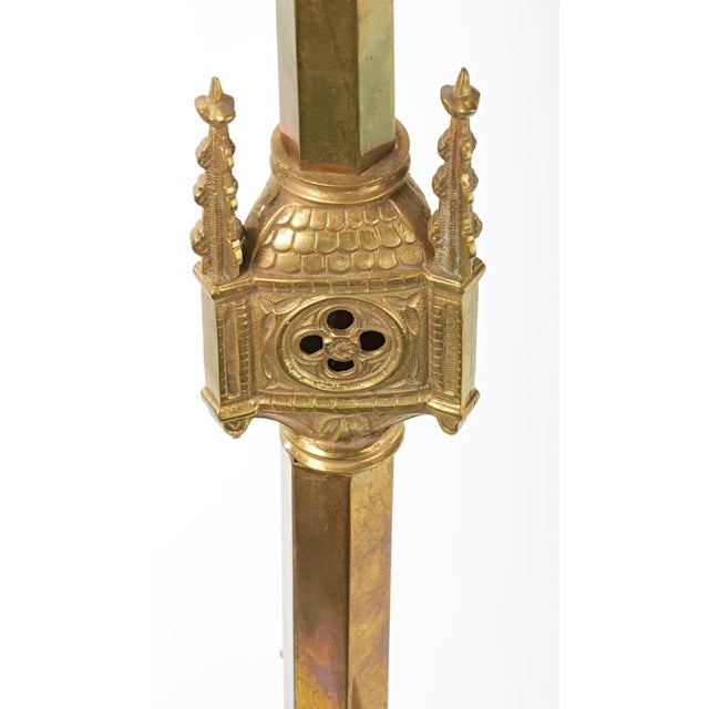 Pair Antique Gothic Cathedral Brass Candlesticks For Sale - Image 9 of 12