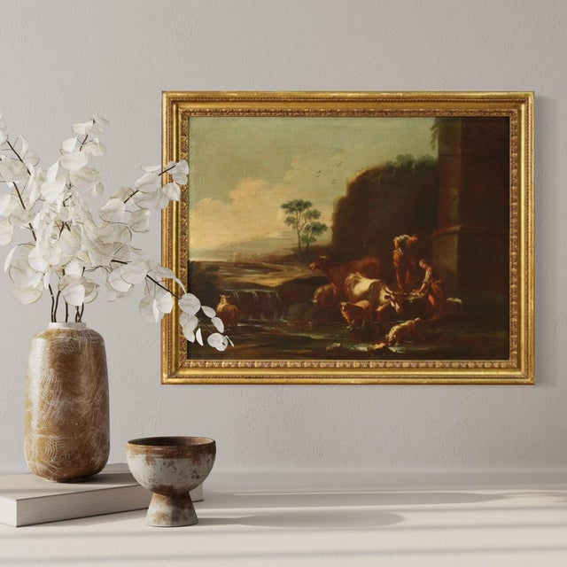 Roman School of the 17th Century, Landscape with Pastoral Scene, 1680, Oil on Canvas For Sale - Image 15 of 16