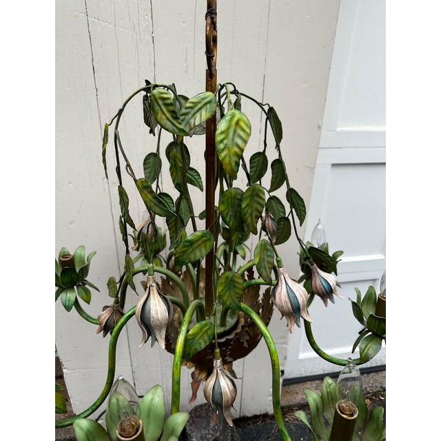 French Country Vintage Green and Gold Country French 8 Light Chandelier For Sale - Image 3 of 9