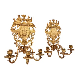 Antique 19th C Pair French Napoleon III Gilt Bronze Louis XVI Style Sconces For Sale