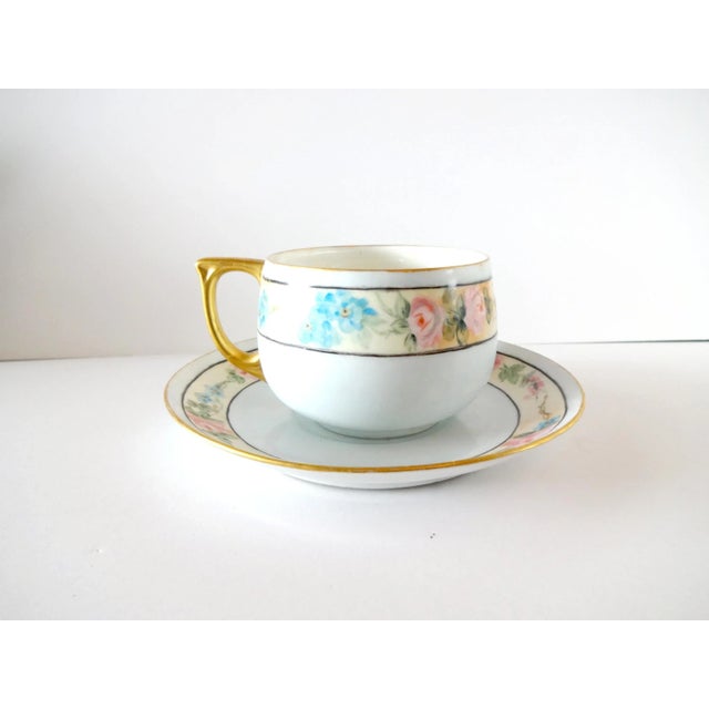 Victorian Antique 1920s Noritake Pale Blue Forget-Me-Nots and Pink Roses Porcelain Tea Cup and Saucer For Sale - Image 3 of 7