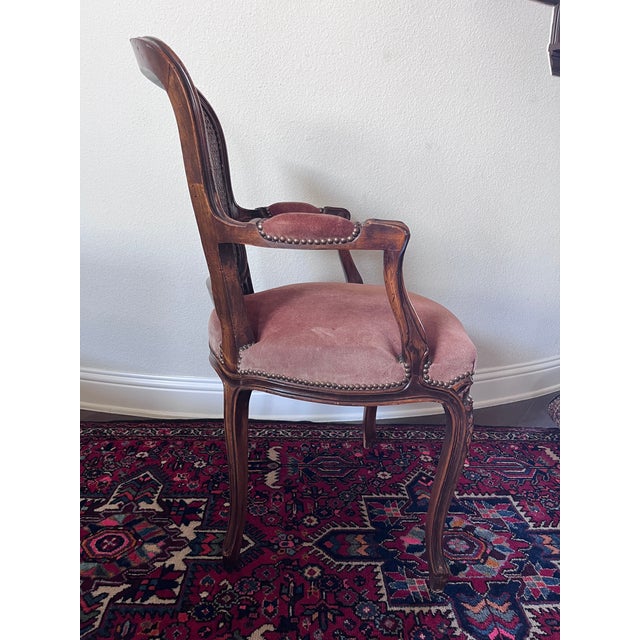 Wood Vintage Chateau d'Ax French Provincial Louis XV Fauteuil Armchair Suede Leather, Cane Back, Wernermeier Industries Inc For Sale - Image 7 of 12