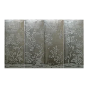 Chinoiserie Mural Hand Painted Wallpaper on Silver Metallic Panel - 4 Panels