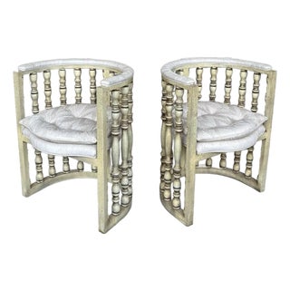 Vintage Hollywood Regency Distressed Cream Washed Spindle Barrel Chairs With Chinese Horseshoe Design, a Pair For Sale