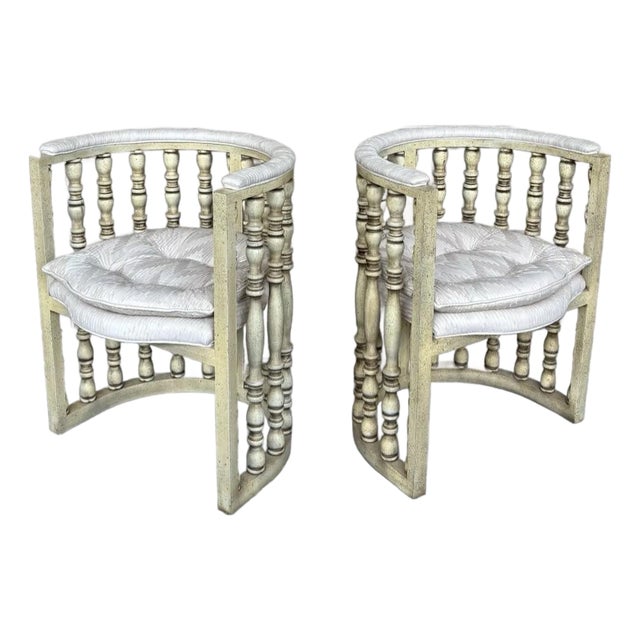 Vintage Hollywood Regency Distressed Cream Washed Spindle Barrel Chairs With Chinese Horseshoe Design, a Pair For Sale