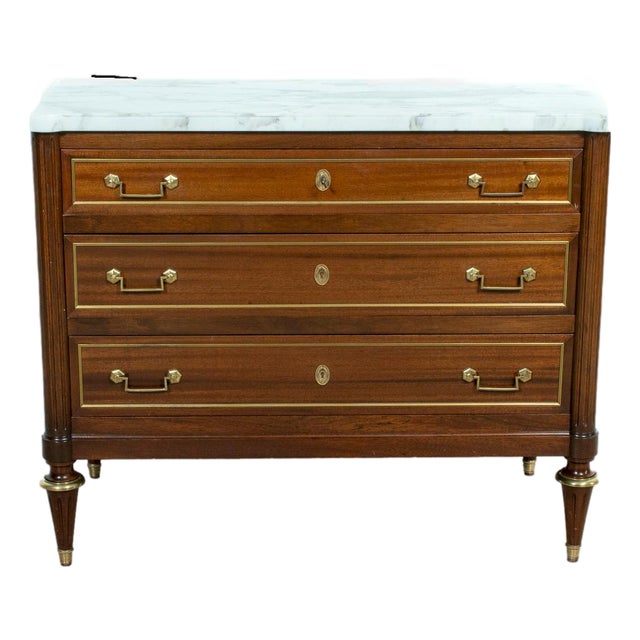 20th Century French Louis XVI Style Maison Jansen Three-Drawer Mahogany Commode With Cararra Marble Top For Sale