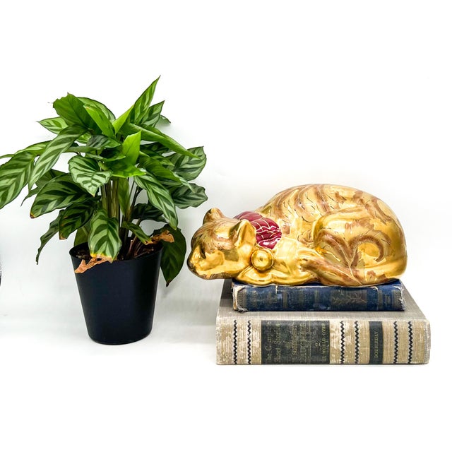 Figurative Vintage Gold Porcelain Sleeping Cat Figurine | Mid-Century Decorative Ceramic For Sale - Image 3 of 13