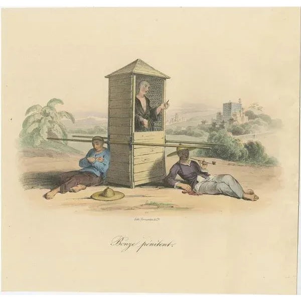 Antique print titled 'Bonze pénitent'. A shaven-headed religious man (possibly a monk) spends reflective time in a spike -...