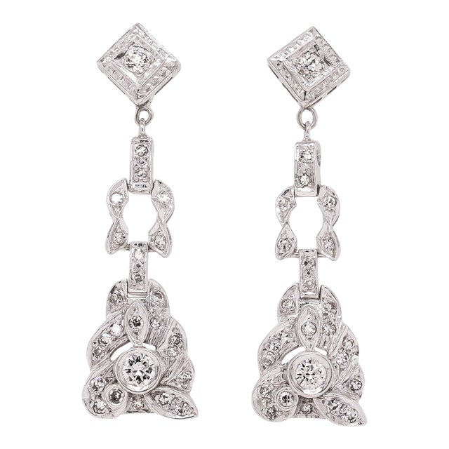 Pair of Art Deco 14k White Gold & Natural Diamond Drop Earrings For Sale