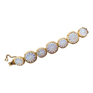Vintage 1960s Signed Hobe Goldtone Round Iridescent Rhinestone Link Bracelet For Sale