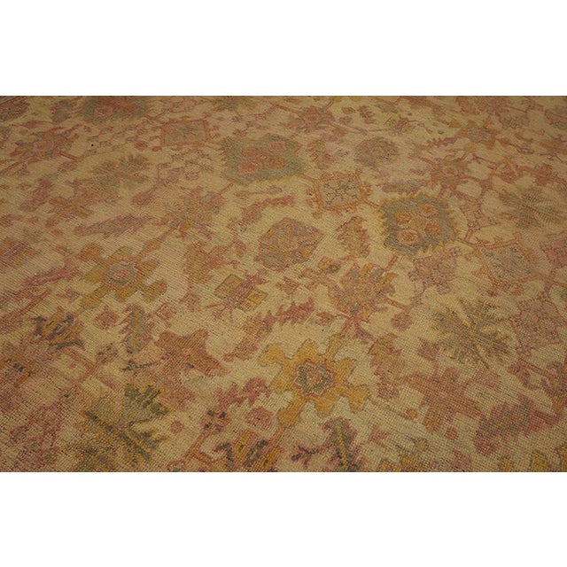 1900s Orange Peach Floral Geometric Antique Turkish Oushak Rug 17' 6" X 18' Knotted Pile Wool Carpet For Sale - Image 11 of 11