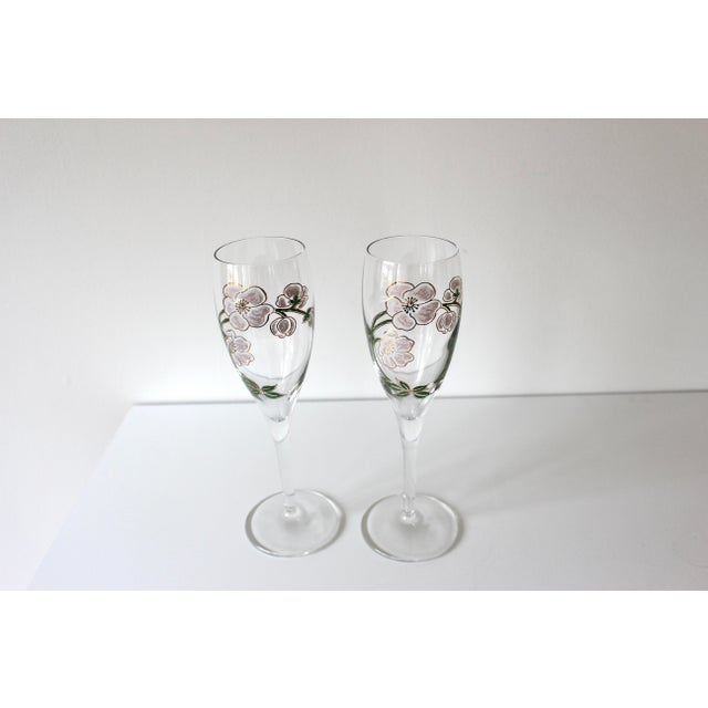 Glass Two Vintage Perrier Jouet Painted Champagne Glasses, Pair of Flutes, French Glassware For Sale - Image 7 of 8