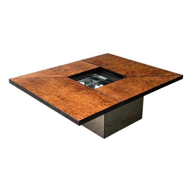 Burl Wood Coffee Table with Bar by Paul Michel for Roche Bobois, 1980s For Sale