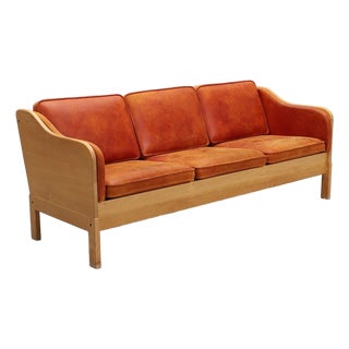 Patina Leather Beech Frame Yngve Ekstrom Three Seat Sofa, Sweden, Minimalist For Sale